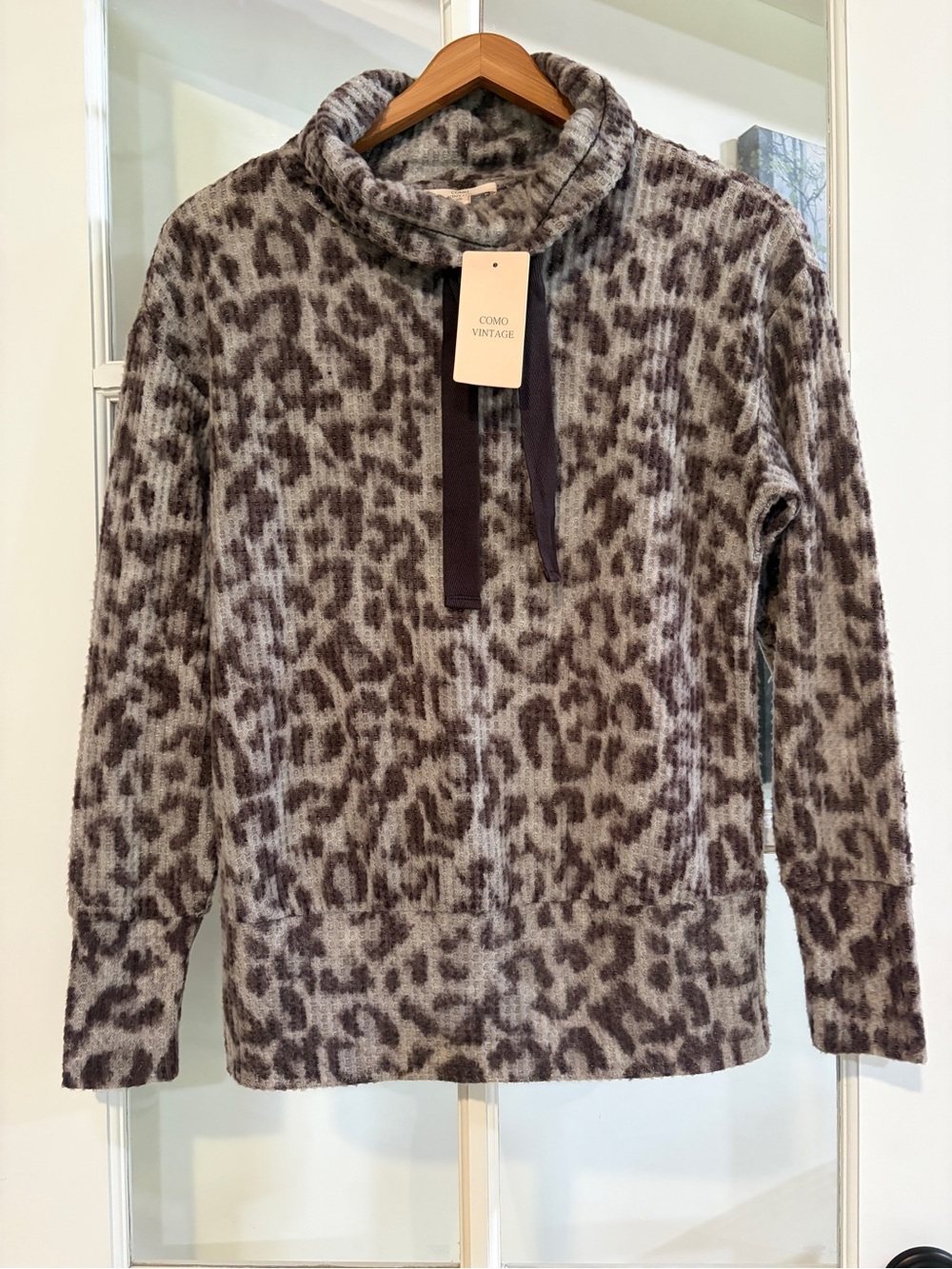 Como Vintage Leopard Print Cowl Neck Waffle Knit Long Sleeve Top Boho Cozy NWT